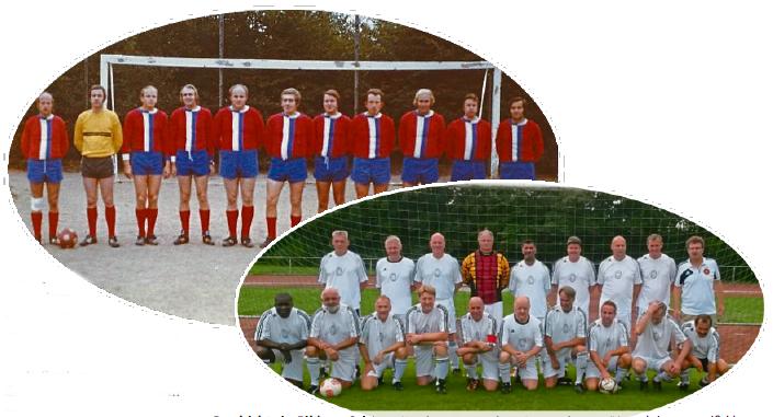 Geschichte in Bildern: Spielten die Alten Herren des BSV Roxel 1973 noch im rot-weiß-blauenDress, trugen die Männer 2015 schlichte weiße Trikots, Hosen und Stutzen (r.). Fotos: BSV Roxel