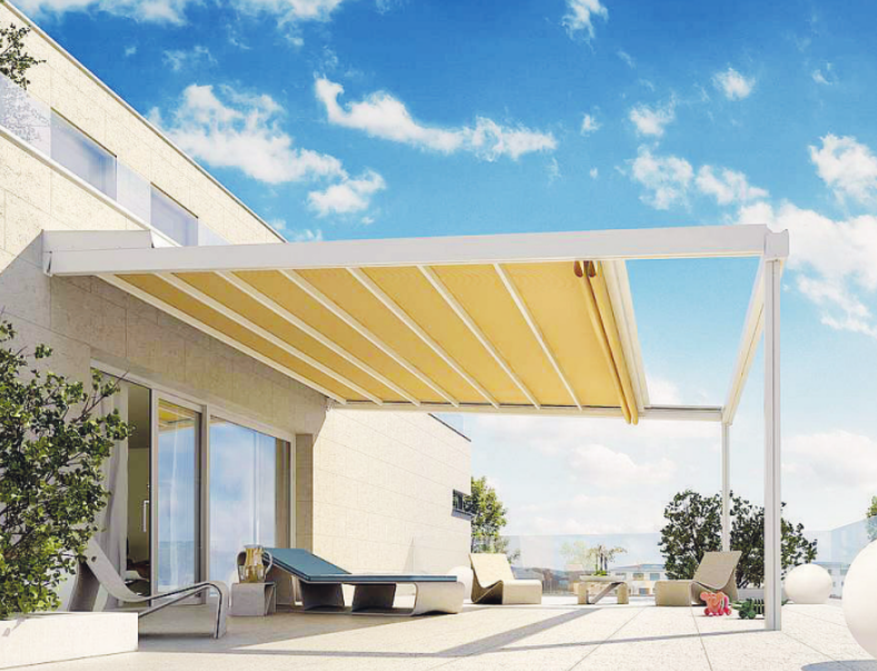 Pergola-Markisen bieten viel Schatten für besonders große Terrassen und sind sehr windstabil, da ihr Tuch am vorderen Ende von stabilen Stützpfeilern aus wetterfestem Aluminium getragen wird Pergola-Markisen bieten viel Schatten für besonders große Terrassen und sind sehr windstabil, da ihr Tuch am vorderen Ende von stabilen Stützpfeilern aus wetterfestem Aluminium getragen wird