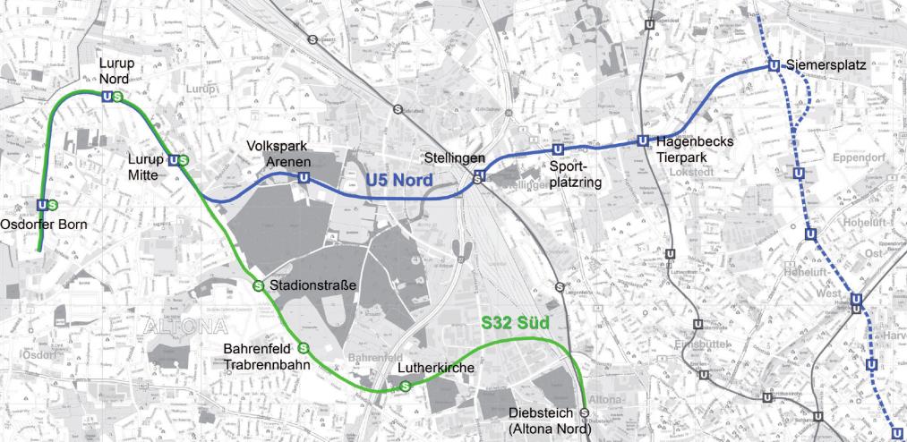 Geprüft werden zwei Trassen: Die blaue Linie zeigt eine mögliche U-Bahn-Strecke, die grüne eine S-Bahnanbindung FOTO: HOCHBAHN