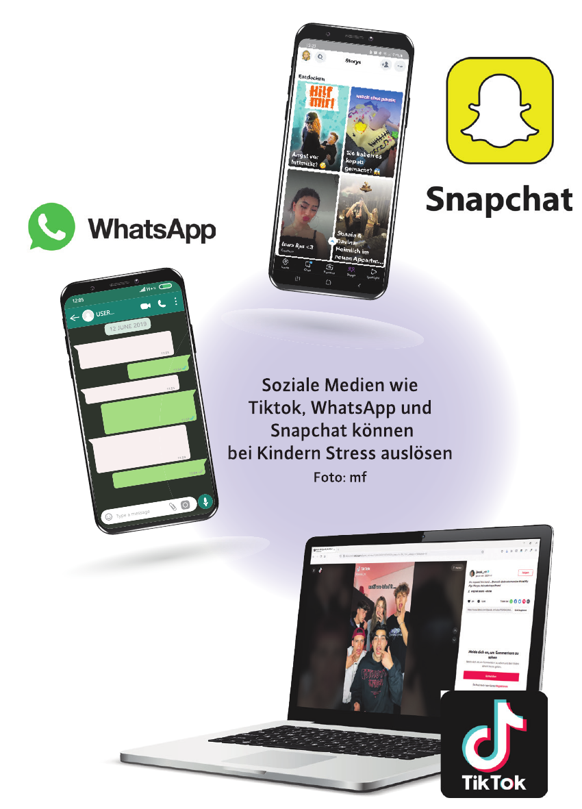 Soziale Medien wie Tiktok, WhatsApp und Snapchat können bei Kindern Stress auslösen Foto: mf Soziale Medien wie Tiktok, WhatsApp und Snapchat können bei Kindern Stress auslösen Foto: mf