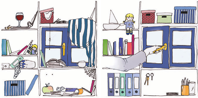 unaufgeräumt, aufgeräumt, Illustration: Lina Saller