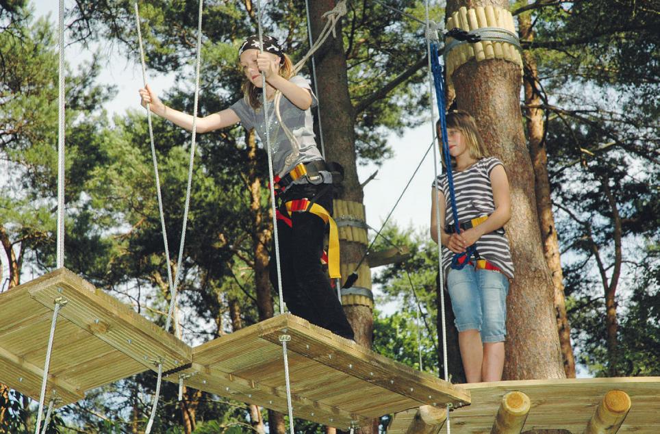 Gut gesichert auf wackeligen Pfaden zwischen den Bäumen balancieren, kann man im Hochseilgarten Heist Foto: Klein Gut gesichert auf wackeligen Pfaden zwischen den Bäumen balancieren, kann man im Hochseilgarten Heist Foto: Klein