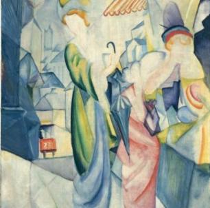 August Macke, „Helle Frauen vor dem Hutladen“, 1913 Öl auf Leinwand (Ausschnitt)