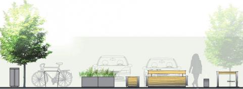 Geplant: Sitzmöbel laden zum Verweilen, Solitäre spenden Schatten