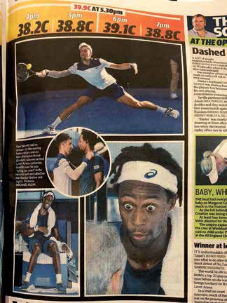 39 Grad im Schatten, Gael Monfils kurz vor der Aufgabe. Yannick gab ihm den Rat, noch mehr zu trinken als sonst. 39 Grad im Schatten, Gael Monfils kurz vor der Aufgabe. Yannick gab ihm den Rat, noch mehr zu trinken als sonst.