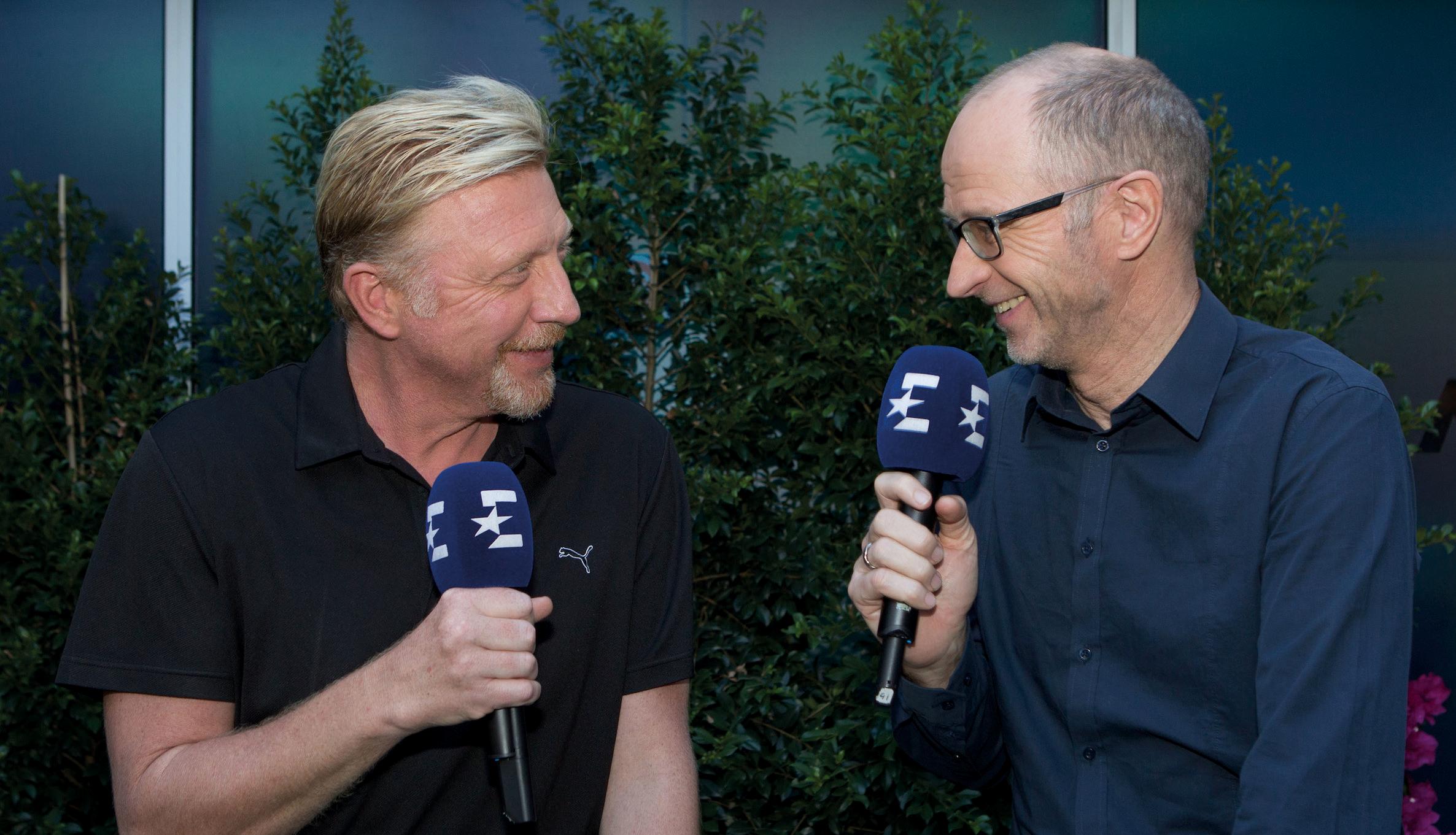 Boris Becker mit seinem Eurosport Partner Mathias Stach. Foto: Jürgen Hasenkopf  Boris Becker mit seinem Eurosport Partner Mathias Stach. Foto: Jürgen Hasenkopf
