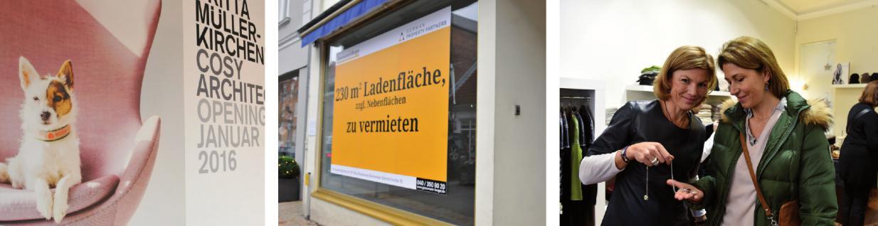 Geschäfte in der Blankeneser Bahnhofstraße: Neueröffnung eines Architekturbüros im Januar, fast zweijähriger Leerstand im ehemaligen „Butter Lindner“-Geschäft, kreative Kooperation im Modegeschäft „Inelli“ von Ingrid Karwowski mit Schmuckdesignerin Sandra Böge und Kundin Julia Scheel