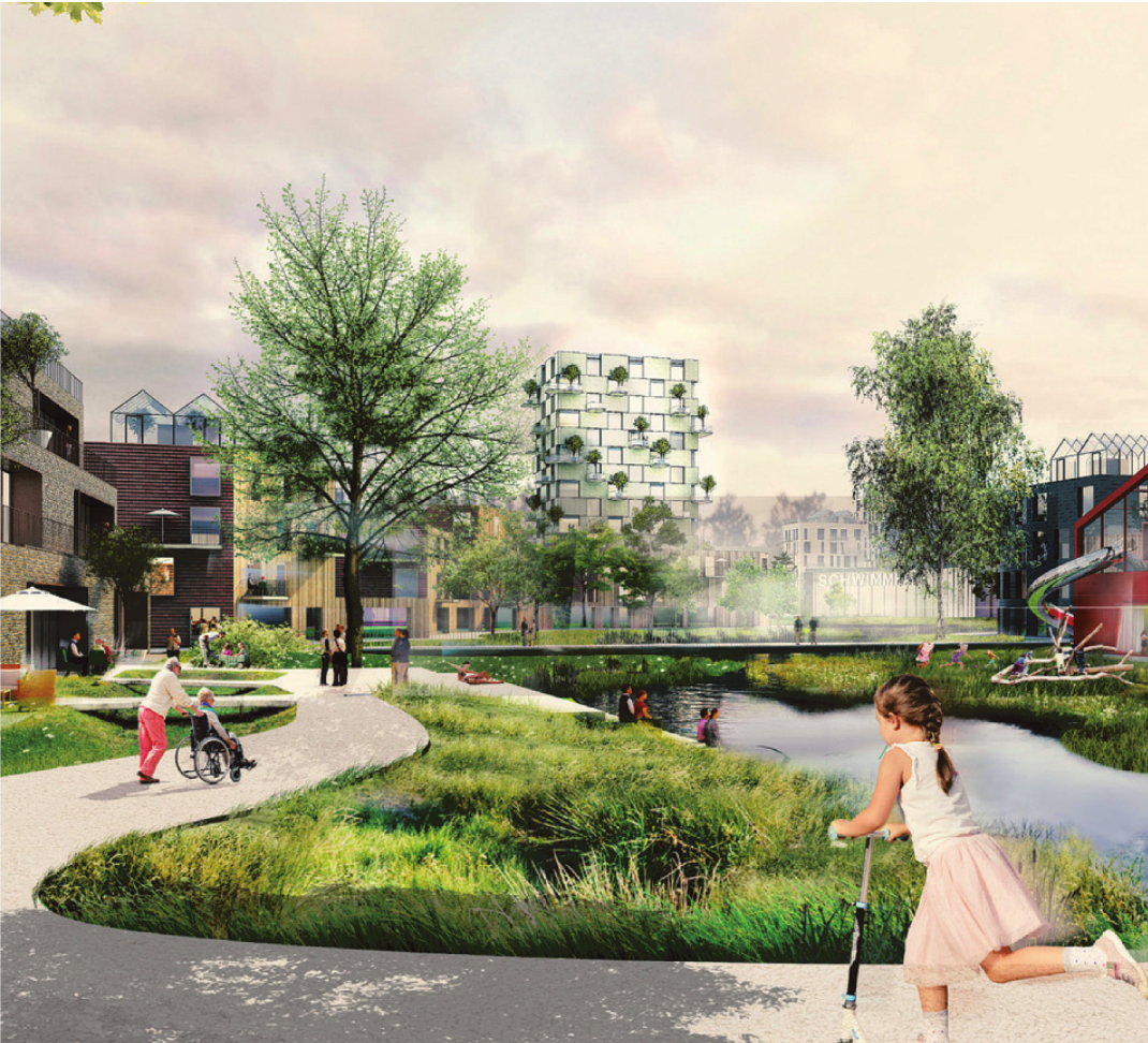 Die zirkulär verlaufende, begrünte Freifläche – genannt „Grüner Loop“ – verbindet alle fünf Quartiere in Oberbillwerder miteinander Visualisierung ADEPT mit Karres + Brands Die zirkulär verlaufende, begrünte Freifläche – genannt „Grüner Loop“ – verbindet alle fünf Quartiere in Oberbillwerder miteinander Visualisierung ADEPT mit Karres + Brands