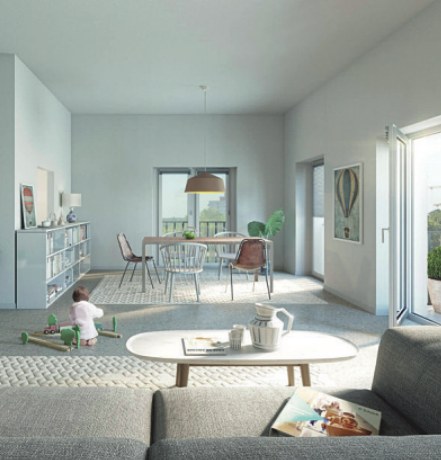 Exemplarische Innenraumsituation des Wohn-/Essbereichs einer 3-Personen Wohnung im SAGA Systemhaus. Grafik: NH Studio Exemplarische Innenraumsituation des Wohn-/Essbereichs einer 3-Personen Wohnung im SAGA Systemhaus. Grafik: NH Studio