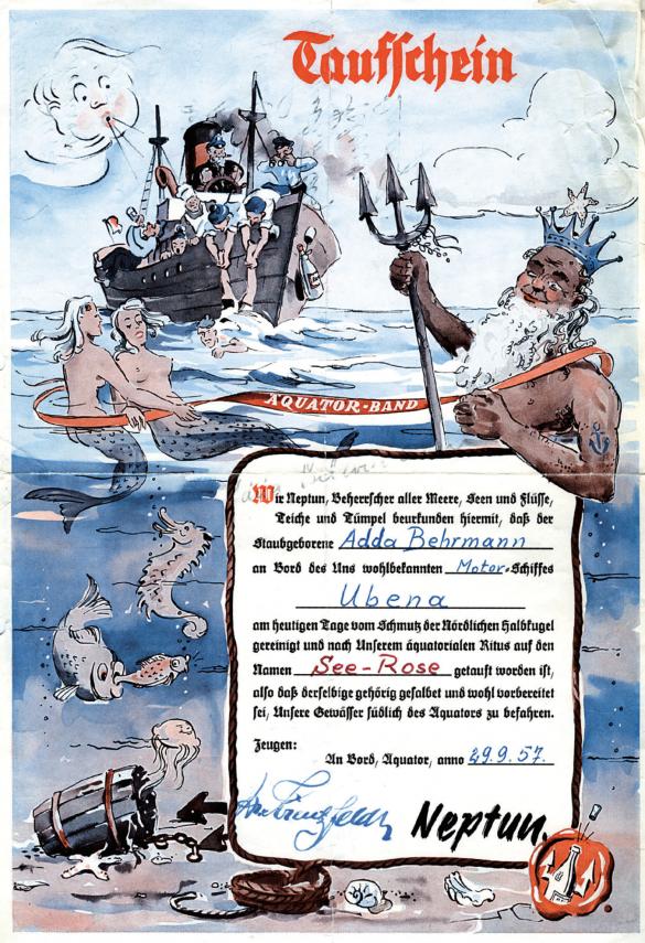 Taufschein für die Behrmann-Tochter Adda, die im September 1957 mit der „Ubena“ den Äquator überschritten hatte