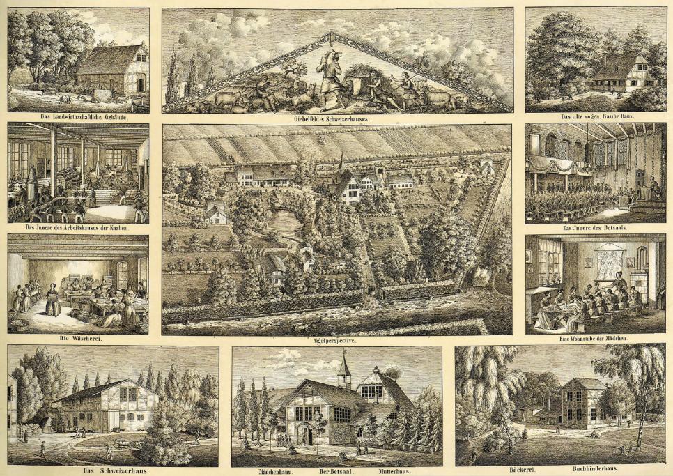 Das Tableau von H. F. Plate zeigt die Kolonie, die aus dem Rauhen Haus, 14 Jahre nach der Gründung Wicherns, entstanden ist